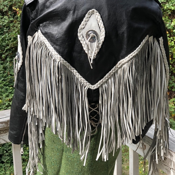 VTG UNIK MOTO LEATHER BLACK WHITE FRINGED JACKET - Picture 1 of 7